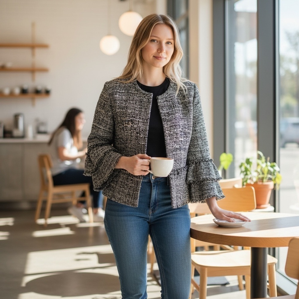 Chico's Gray and Black Boucle Ruffled Blazer